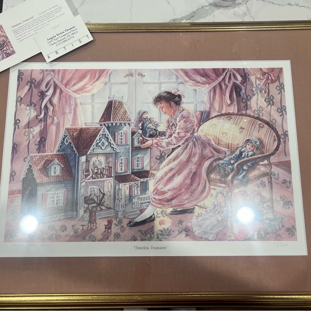 Timeless Treasures Art Print with Gold Frame child with dollhouse